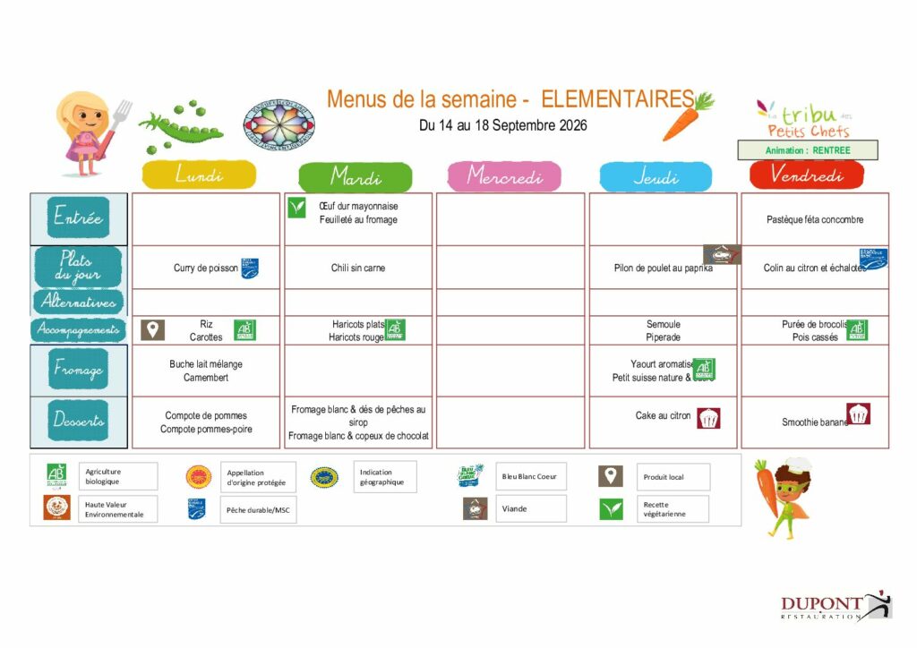 Menu du 14 septembre 2026 au 18 septembre 2026