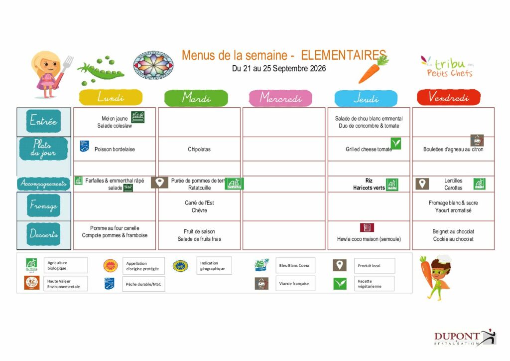 Menu du 21 septembre 2026 au 25 septembre 2026