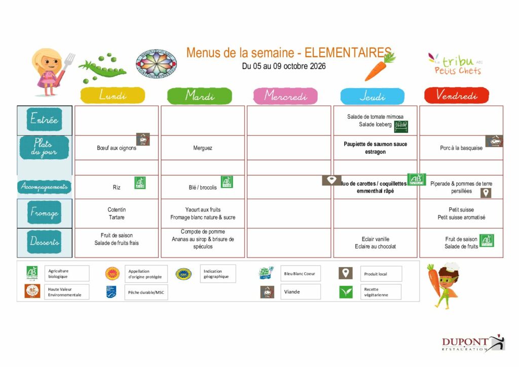 Menu du 5 octobre 2026 au 9 octobre 2026